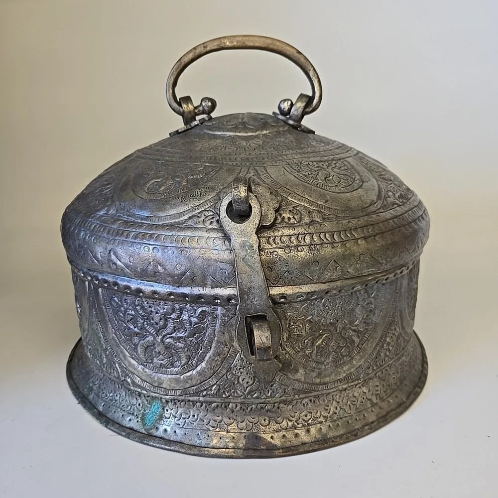 Antique‎ Brass Beautifully Carved Chapati/Masala Container